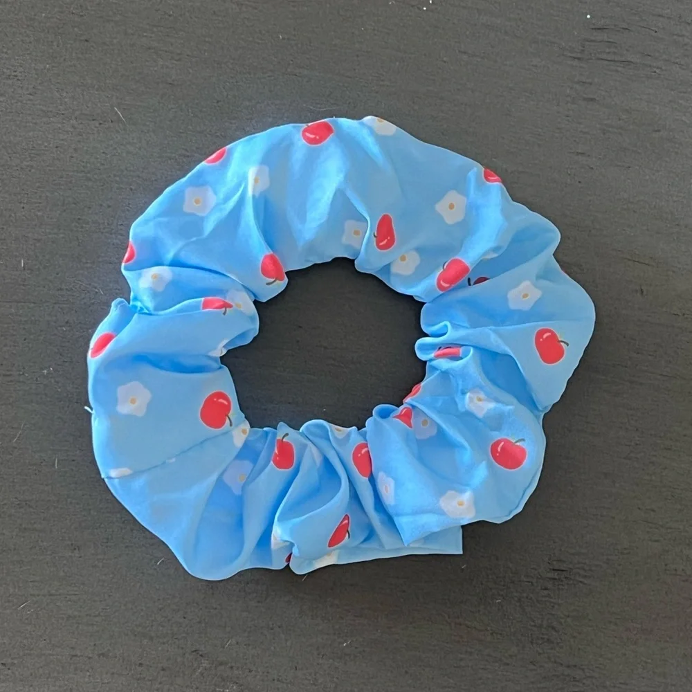 Multicolor LED Light Up Red Cherry & White Flower Floral Light Blue Scrunchie